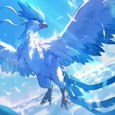 Articuno, lodowy ptak z błękitnymi piórami, wzbija się w niebo, otoczony błyszczącymi kryształkami lodu.