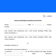 Umowa przedwstępna sprzedaży nieruchomości. Dokument zawiera pola do wpisania danych sprzedającego i kupującego, daty i miejsca zawarcia umowy.