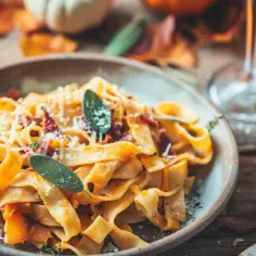 Makaron z dynią, szynką parmeńską, szałwią i serem gorgonzola