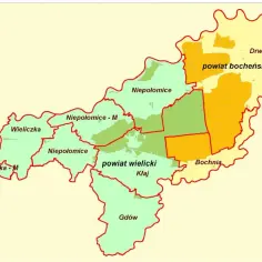 Mapa pokazuje, gdzie leżą Niepołomice, w powiecie wielickim, graniczącym z bocheńskim.