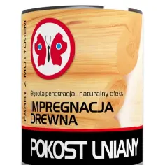Puszka z napisem "POKOST LNIANY" i symbolem motyla. Produkt do impregnacji drewna, zapewniający głęboką penetrację i naturalny efekt.