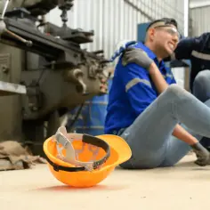 Praca na czarno konsekwencje dla pracownika w razie wypadku: mężczyzna po urazie siedzi na ziemi, kolega mu pomaga. Pomarańczowy kask leży obok.