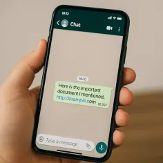 Dłoń trzyma smartfon z otwartym czatem WhatsApp. Czy WhatsApp jest bezpieczny? Wiadomość zawiera link.