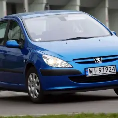 Niebieski Peugeot 307 1.6 HDI z polskimi tablicami WI 91924 jedzie po drodze.