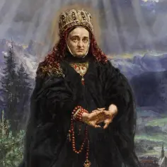 Królowa w koronie i czarnej szacie, z różańcem w dłoniach, na tle górskiego krajobrazu. Obraz nawiązuje do litanii do św. Kingi.