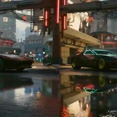 Porównanie grafiki gry: po lewej "Vanilla 1.61", po prawej "Overdrive" z ray tracingiem. Widać różnicę w odbiciach i oświetleniu.