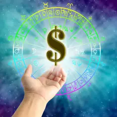 Dłoń trzyma symbol dolara na tle koła zodiaku. Horoskop Wodnik: pieniądze mogą być w zasięgu ręki.