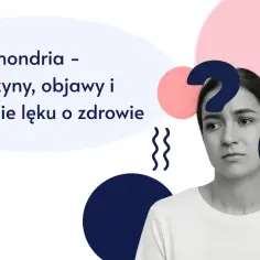 Zmartwiona kobieta z lupą badającą płuca. Tekst: "Hipochondria – przyczyny, objawy i leczenie lęku o zdrowie".