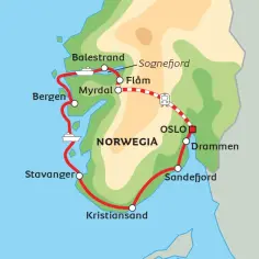 Mapa Norwegii z zaznaczoną trasą podróży: Bergen, Stavanger, Kristiansand, Sandefjord, Drammen i OSLO.