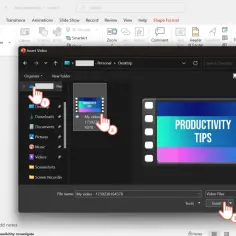 Okno dialogowe "Wstaw wideo" w programie PowerPoint, z zaznaczonym plikiem wideo "PRODUCTIVITY TIPS".