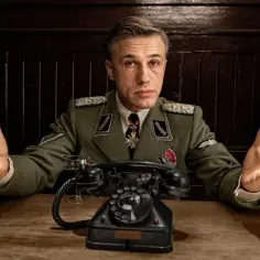 Christoph Waltz jako Hans Landa, kluczowa postać z obsady "Bękartów Wojny", z gestem i telefonem.