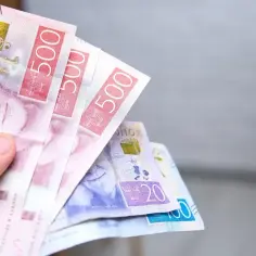 Dłoń trzyma banknoty 500 koron szwedzkich. To właśnie taka waluta w Szwecji.