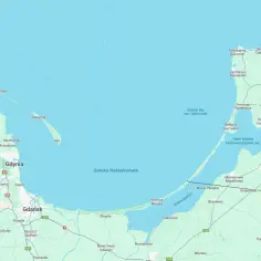 Mapa Polski od morza do morza, ukazująca wybrzeże Bałtyku, Zatokę Meksykańską, Zatokę Wiślaną i Kaliningrad.