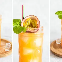 Orzeźwiający drink z mango, lodem i marakują, udekorowany listkami mięty. Idealny na upalne dni.