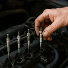 Dłoń mechanika sprawdza świece żarowe w silniku. Dowiedz się, jak sprawdzić świece żarowe bez wykręcania.