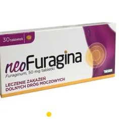 Opakowanie NeoFuraginy 50 mg, leku na infekcje dróg moczowych, dostępnego bez recepty. 30 tabletek.