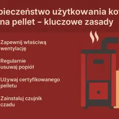 Ilustracja przedstawia piec na pellet, worek z pelletem i ikony symbolizujące zasady bezpieczeństwa.