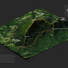 Trójwymiarowa mapa z zaznaczonymi szlakami na Babiej Górze. Widoczne punkty: Diablak, Gówniak, Kępa, Sokolica, Przełęcz Krowiarki, Lodowa Przełęcz, Mała Babia Góra, Przełęcz Brona, Schronisko PTTK Markowe Szczawiny.