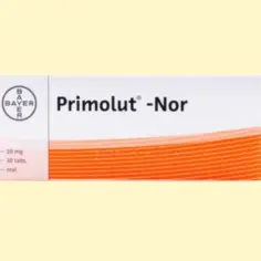 Opakowanie leku Primolut-Nor firmy Bayer, zawierające 30 tabletek po 10 mg do stosowania doustnego.
