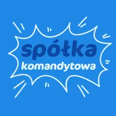 Biały dymek z napisem "spółka komandytowa skrót" na niebieskim tle.