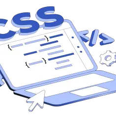Ilustracja przedstawiająca laptop z kodem CSS, kursorem myszy i ikonami kół zębatych.