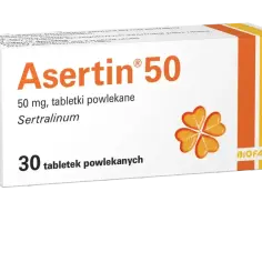 Opakowanie leku Asertin 50 mg, zawierające 30 tabletek powlekanych. Na pudełku widnieje symbol czterolistnej koniczyny.