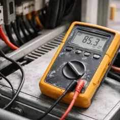 Miernik pokazuje 85.3 MΩ, co świadczy o wysokiej rezystancji izolacji w instalacji elektrycznej.