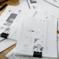 Stos papierów z wykresami i danymi, spinacze biurowe i długopis. Dokumenty sugerują analizę finansową, gdy najem prywatny staje się działalnością gospodarczą.