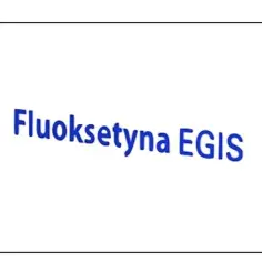 Niebieski napis "Fluoksetyna EGIS" na białym tle.