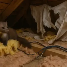 Kuna w izolacji na poddaszu. Widać poszarpaną tkaninę i przewody. To miejsce, gdzie szukają schronienia, a właściciele zastanawiają się, co na kuny.