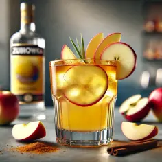 Orzeźwiający drink z Żubrówką i sokiem jabłkowym, ozdobiony plasterkami jabłka. Idealny na jesienne wieczory.