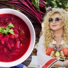 Pyszny barszcz z botwiny, jak u Gesslerowej, z burakami i natką pietruszki. Obok Magda Gessler w okularach przeciwsłonecznych.