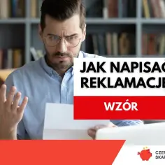 Zirytowany mężczyzna z dokumentem w ręku. Tekst: "Jak napisać reklamację?". Wzór reklamacji Tauron.
