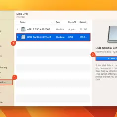 Jak znaleźć pendrive na komputerze? Wybierz "Byte-to-byte Backup", a następnie kliknij na swój pendrive (USB SanDisk 3.2Gen1) i "Create backup".