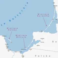 Mapa pokazuje Mierzeję Helską, Wiślaną i Kurońską nad Morzem Bałtyckim, z zaznaczonymi miastami Polski, Litwy i Rosji.