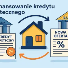 Ilustracja pokazuje przeniesienie kredytu hipotecznego. Dom symbolizuje właściciela, który przenosi swój kredyt z jednego banku do drugiego, szukając lepszej oferty.