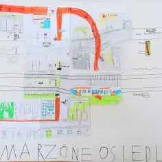 Dzieci rysują, jak narysować plan osiedla: sklepy, domy, tory, pociąg i plac zabaw.