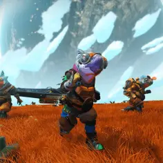 Trzej podróżnicy w kosmosie, gotowi na przygodę w No Man's Sky. Crossplay pozwala im eksplorować razem ten obcy świat.