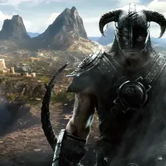 Wojownik z hełmem i rogami, na tle gór i zamku. Zapowiedź gry Skyrim 6.