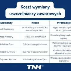 Tabela z kosztami wymiany uszczelniaczy zaworowych, elementami, cenami i informacjami.