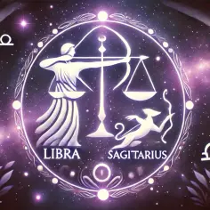 Waga i strzelec w kosmicznym tańcu. Symbolika zodiaku na tle gwiezdnego nieba.