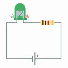 Schemat obwodu elektrycznego z zieloną diodą LED, baterią i rezystorem.