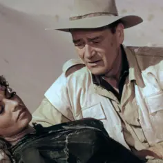 John Wayne troszczy się o swoją żonę, która leży wyczerpana na piasku.