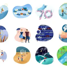 Ilustracje pokazują, co to jest Unia Europejska: wspólny rozwój, handel, pokój, wolność, transport, solidarność i wspólne wartości.