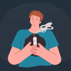 Chłopak z płonącą świecą w klatce piersiowej, symbolizującą ciągły lęk. Dym unosi się z płomienia.