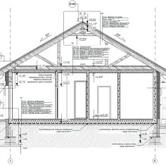 Przekrój budynku z opisem warstw izolacji i konstrukcji, pokazujący, co zawiera projekt budowlany: fundamenty, ściany, dach i detale wykończenia.