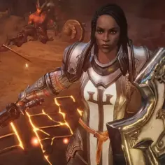 Rycerka w lśniącej zbroi walczy z demonami. Jedna z wielu postaci z Diablo 3, gotowa do boju.
