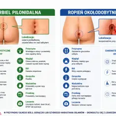 Torbiel pilonidalna: wrastające włosy, otwory skórne, ból narastający. Ropień okołoodbytowy: zakażenie gruczołów, bolesny guz przy odbycie, silny ból.