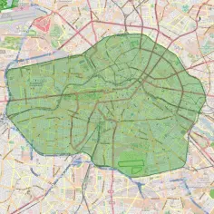 Mapa Berlina z zaznaczonym obszarem zielonym, pokazującym wjazd do Berlina samochodem.