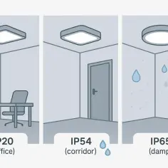 Ilustracja pokazuje lampy o różnym stopniu ochrony IP. IP20 w biurze, IP54 w korytarzu, IP65 w wilgotnym pomieszczeniu.